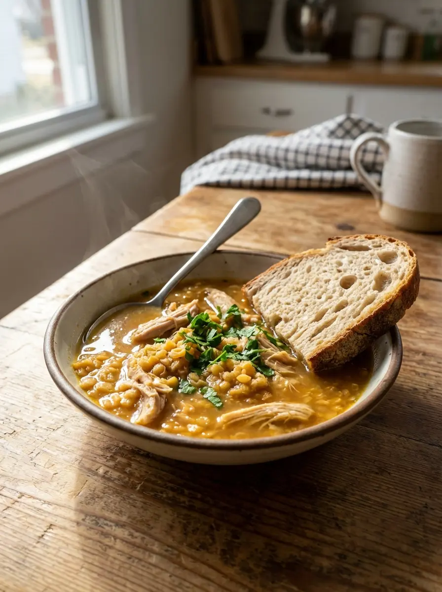 Bowl of protein-forward comfort winter soup with herbs