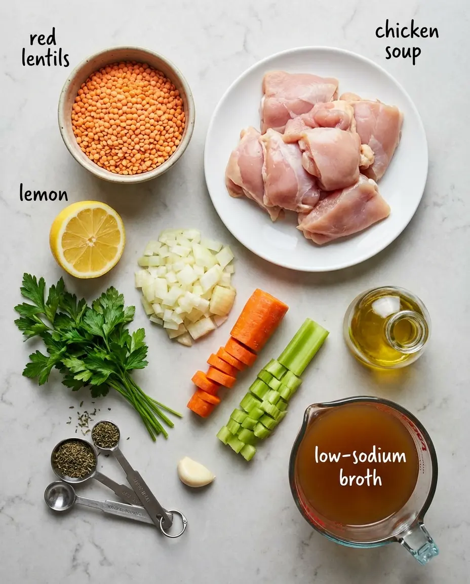 Ingredients for a small-batch chicken and red lentil soup on a counter