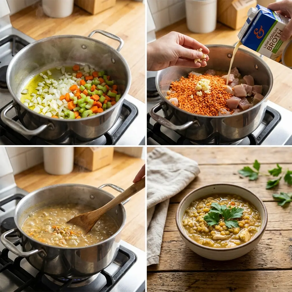 Cooking steps for making chicken and red lentil soup in a pot