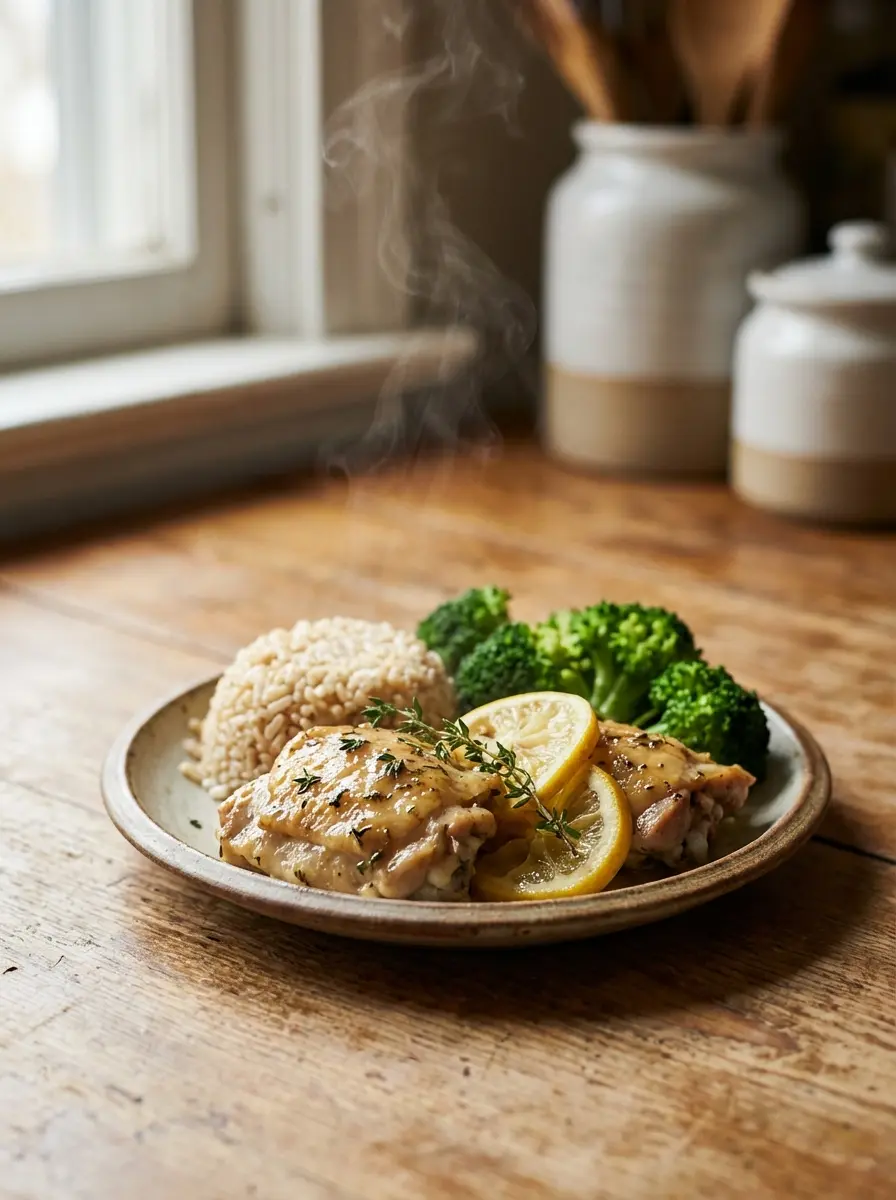 Lemon-herb Instant Pot chicken with brown rice and steamed broccoli