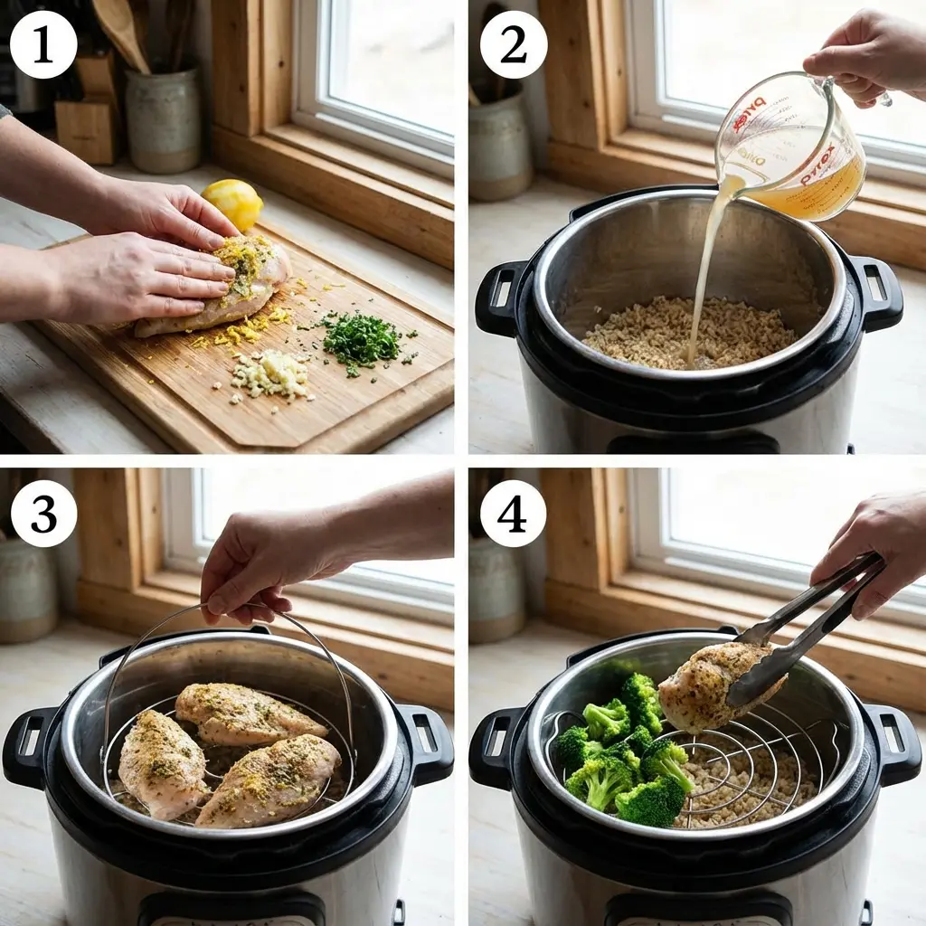 Step-by-step preparation of Instant Pot chicken, rice, and broccoli