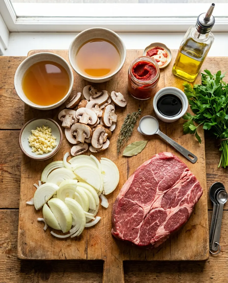Ingredients for pot roast including beef, onions, and mushrooms