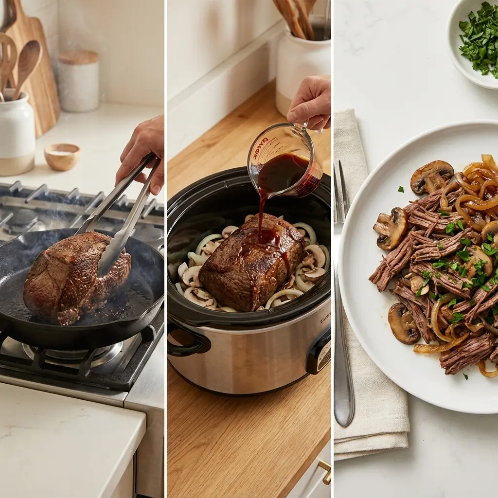 Slow cooker pot roast being prepared step by step