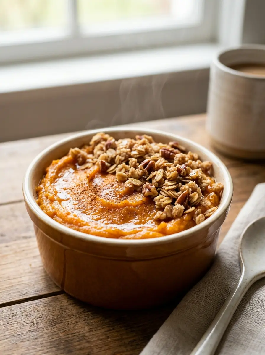 Slow-cooker sweet potato casserole topped with toasted oats and nuts