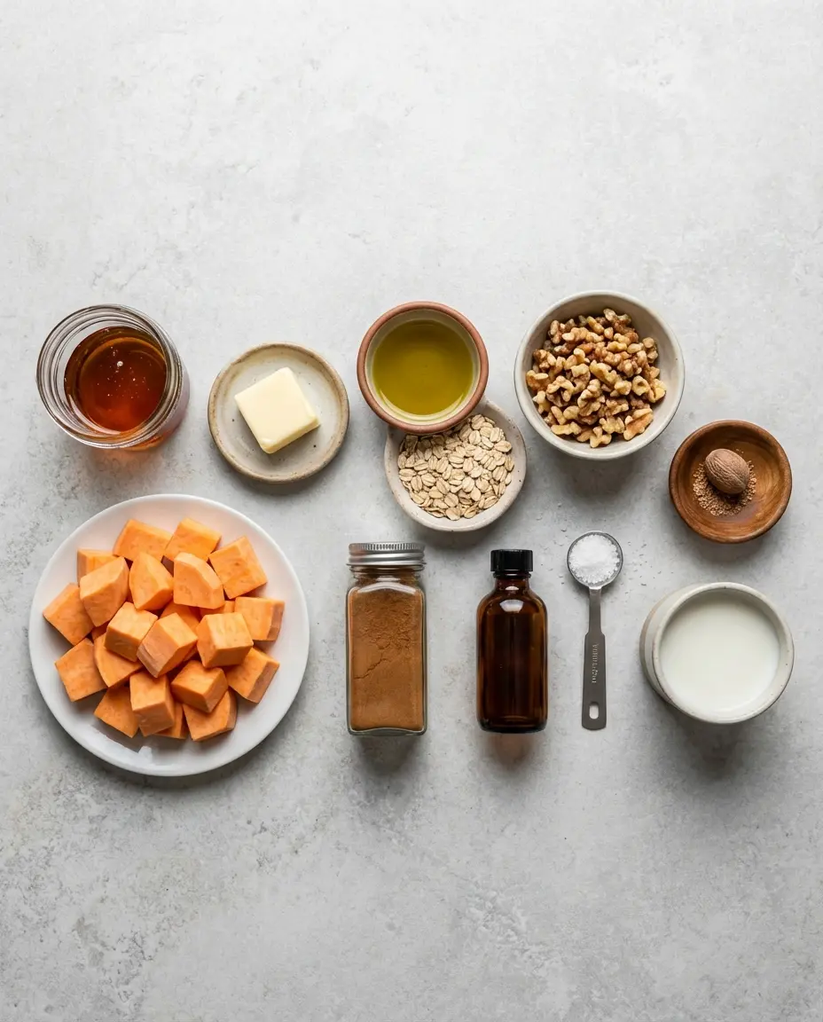 Sweet potato, maple syrup, milk, oats and nuts arranged