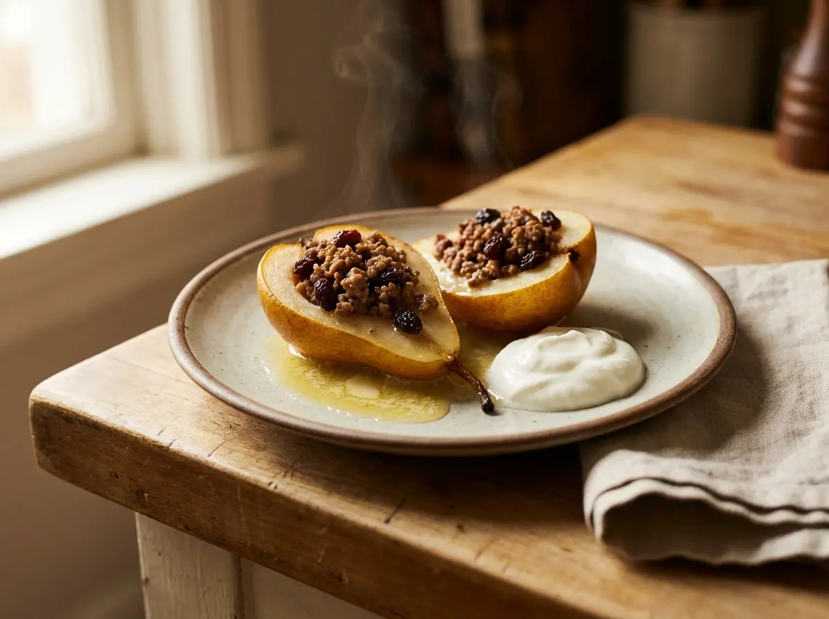 Baked pears stuffed with spiced ground beef and raisins, served warm