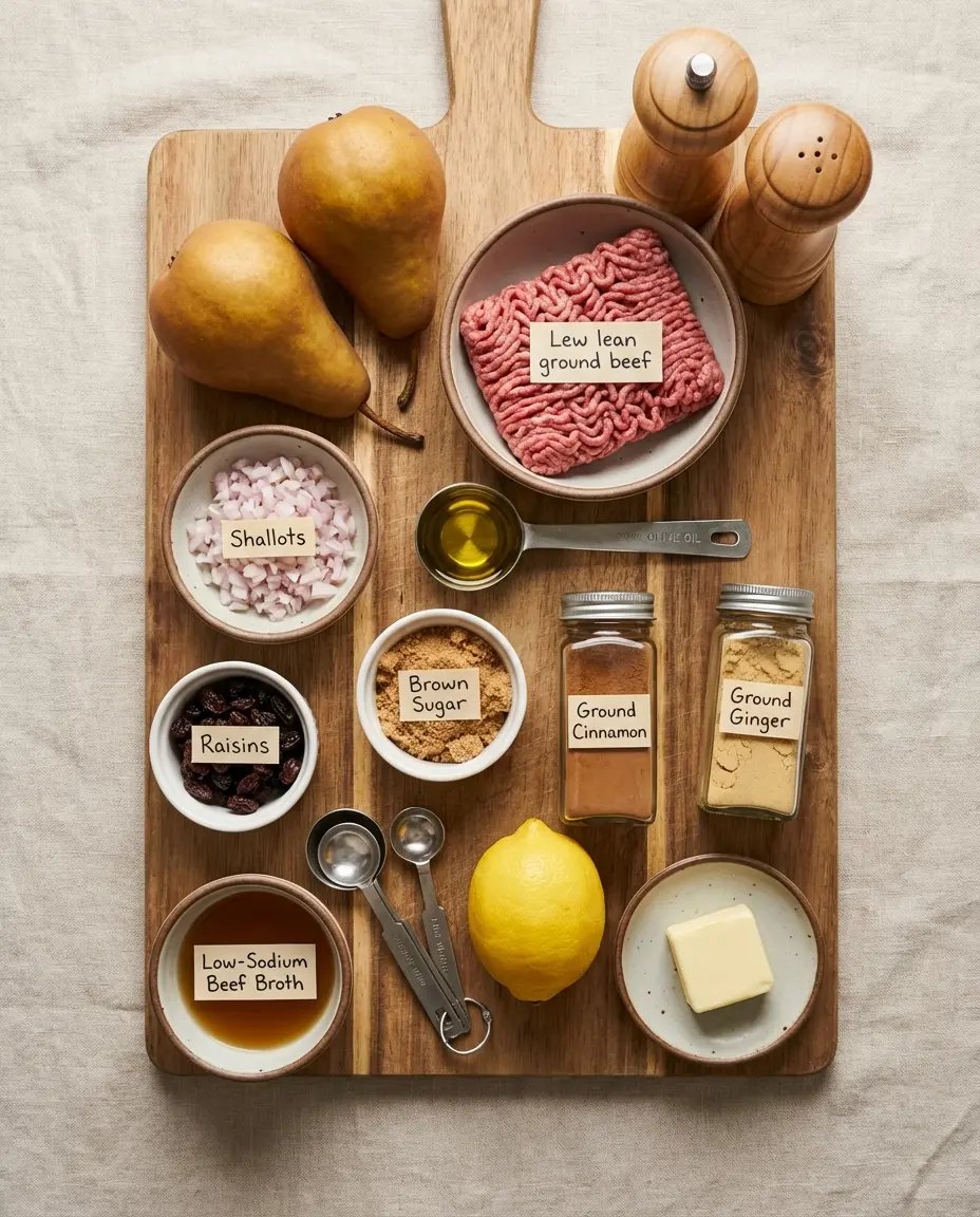 Ingredients on a counter: pears, ground beef, shallot, raisins, spices