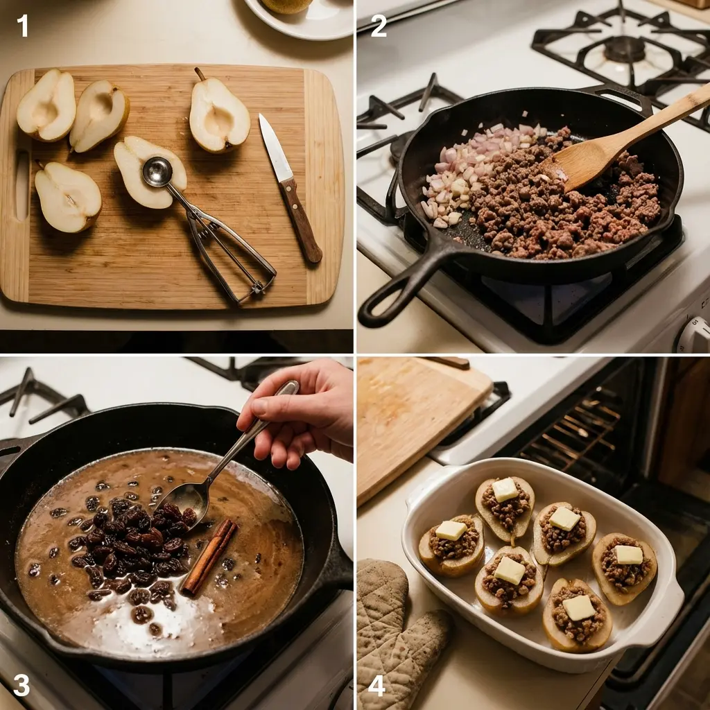Cooking the beef filling in a skillet and preparing pear halves for baking
