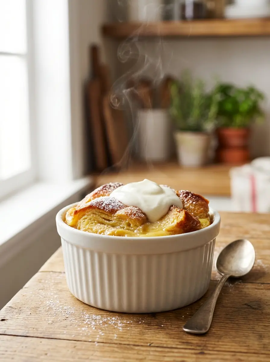 Small-batch bread pudding in a ramekin topped with powdered sugar