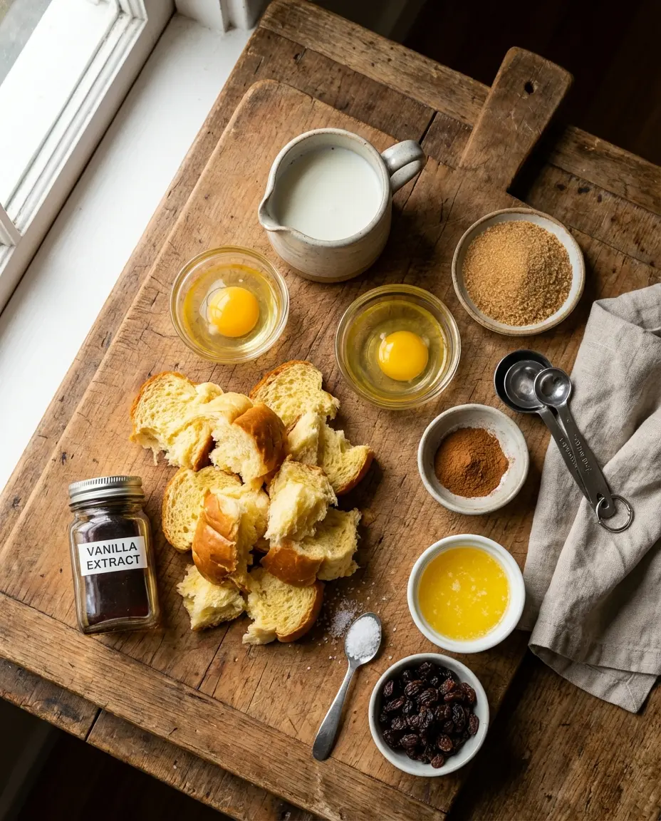 Ingredients laid out for small-batch bread pudding