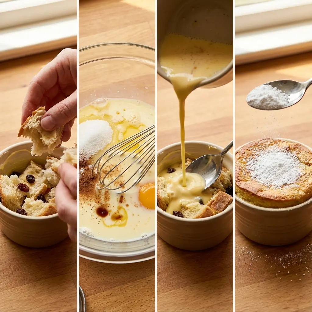 Bread pudding being baked in a small ramekin