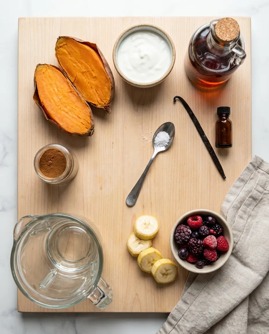 Ingredients for small-batch sweet potato mousse on a counter