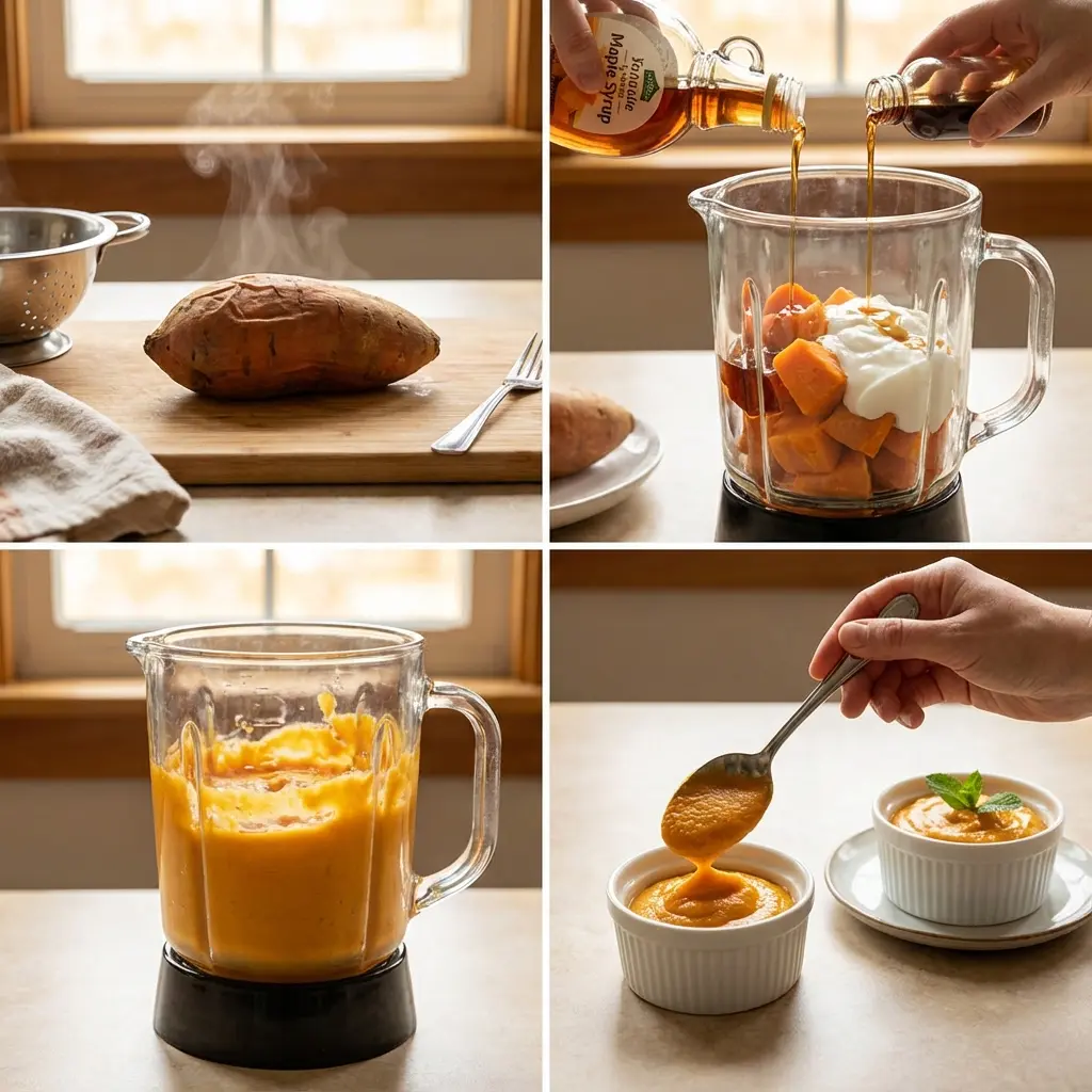Steps to make sweet potato mousse shown with ingredients and blender