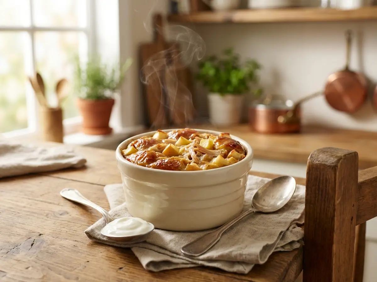 Small-batch turkey bread pudding in a ramekin