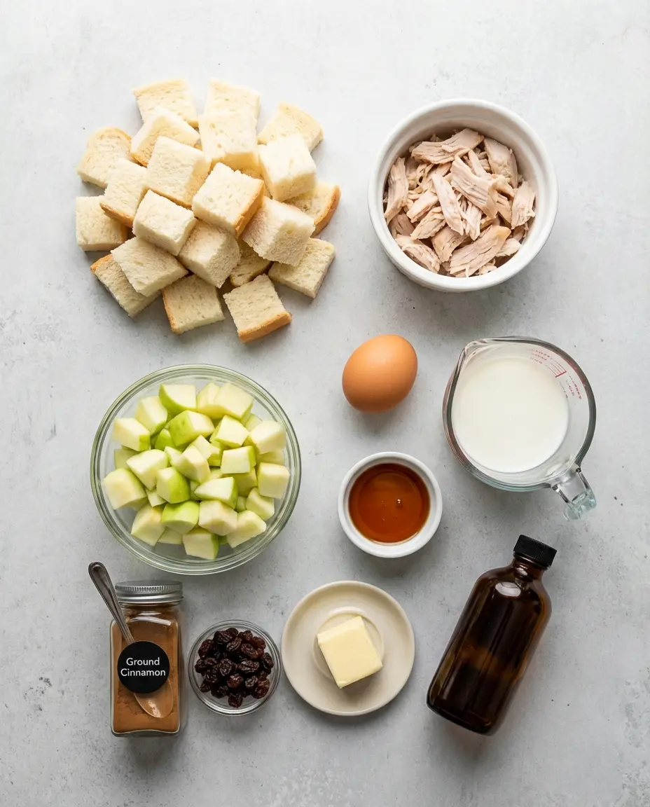 Turkey bread pudding ingredients on a table