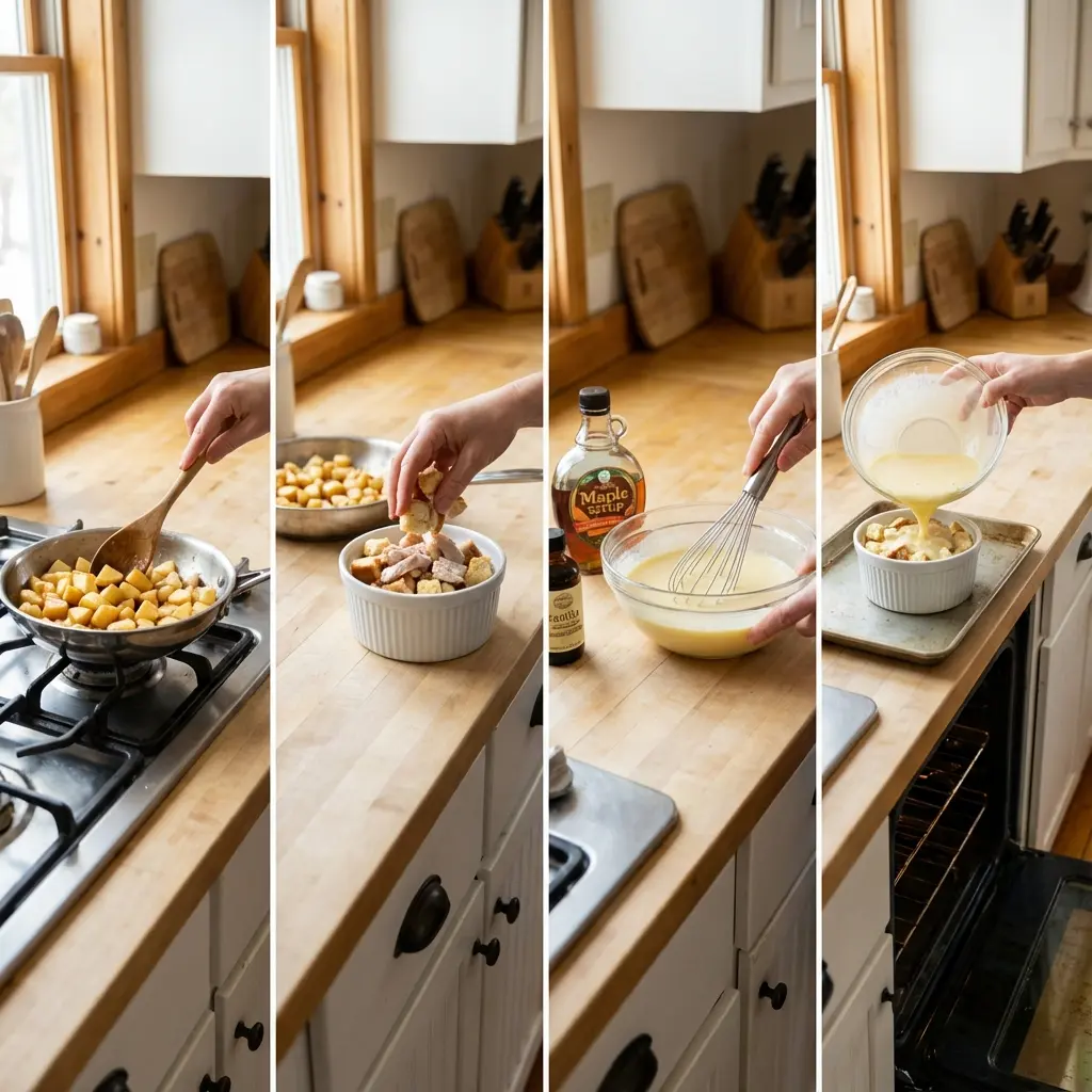 Steps showing mixing and baking the pudding