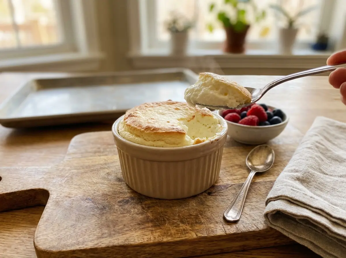 Small cottage cheese soufflé in a ramekin