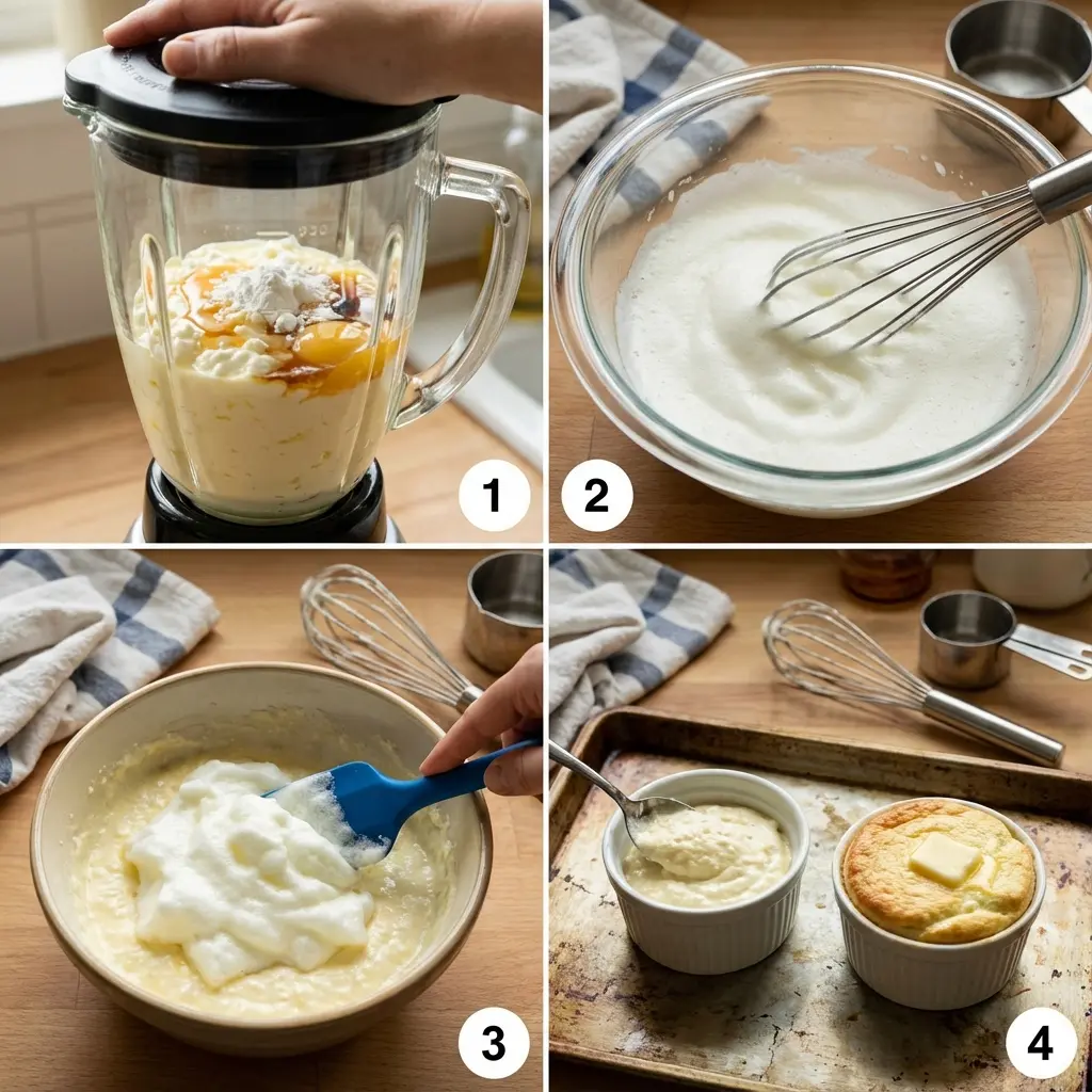 Baked cottage cheese soufflé in a ramekin