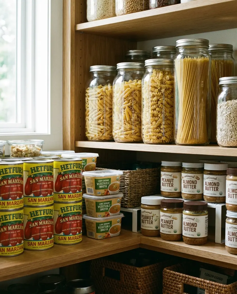 Smart Grocery Tips for Building a Pantry for One or Two 2 Labeled jars of grains and beans on a compact pantry shelf for low-waste cooking