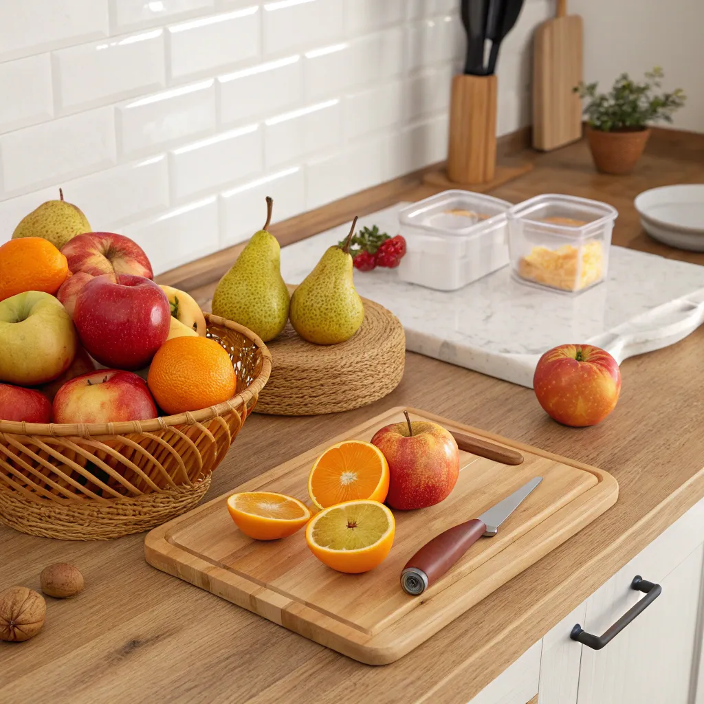 Assorted fresh fruit on a kitchen counter, tips for buying and storing small quantities