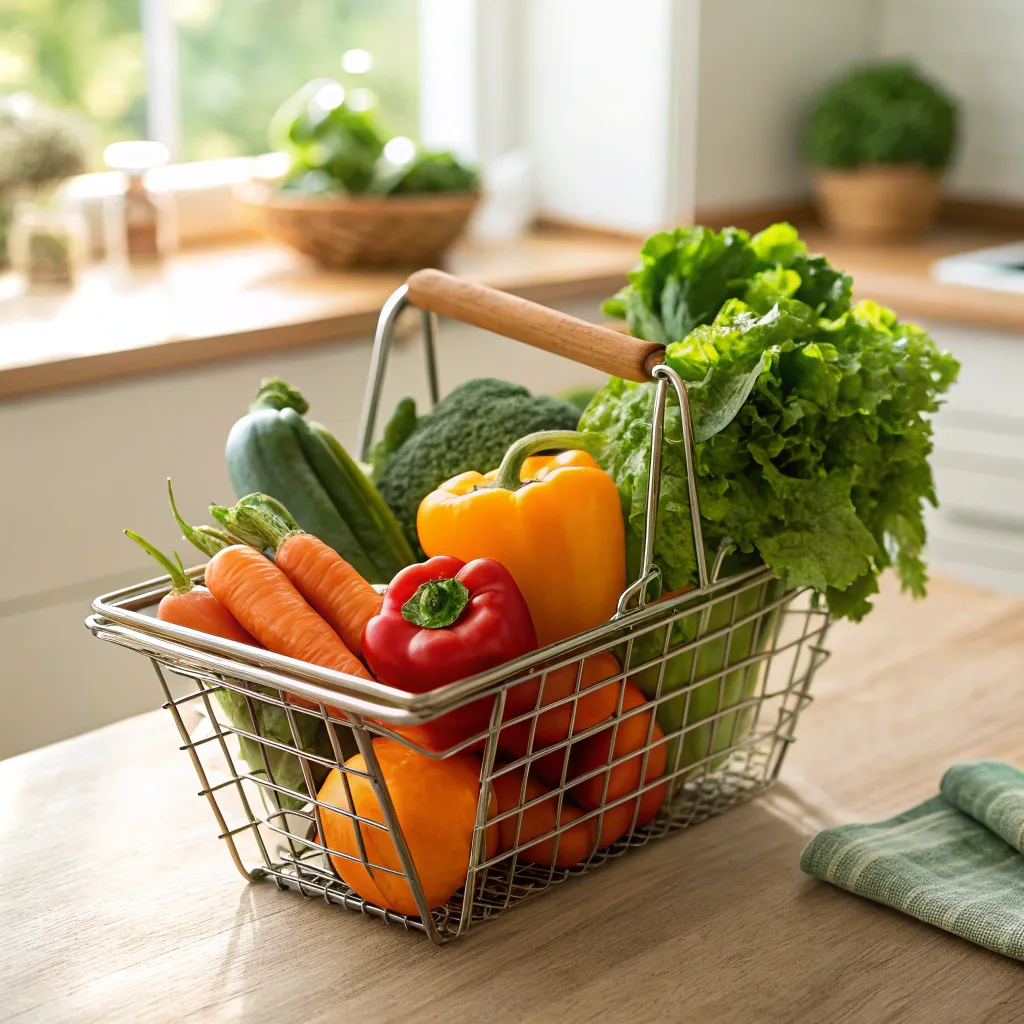 Smart Tips for Shopping and Storing Fresh Vegetables for Small Households 2 Fresh produce and reusable containers arranged for shopping and storage tips for small households