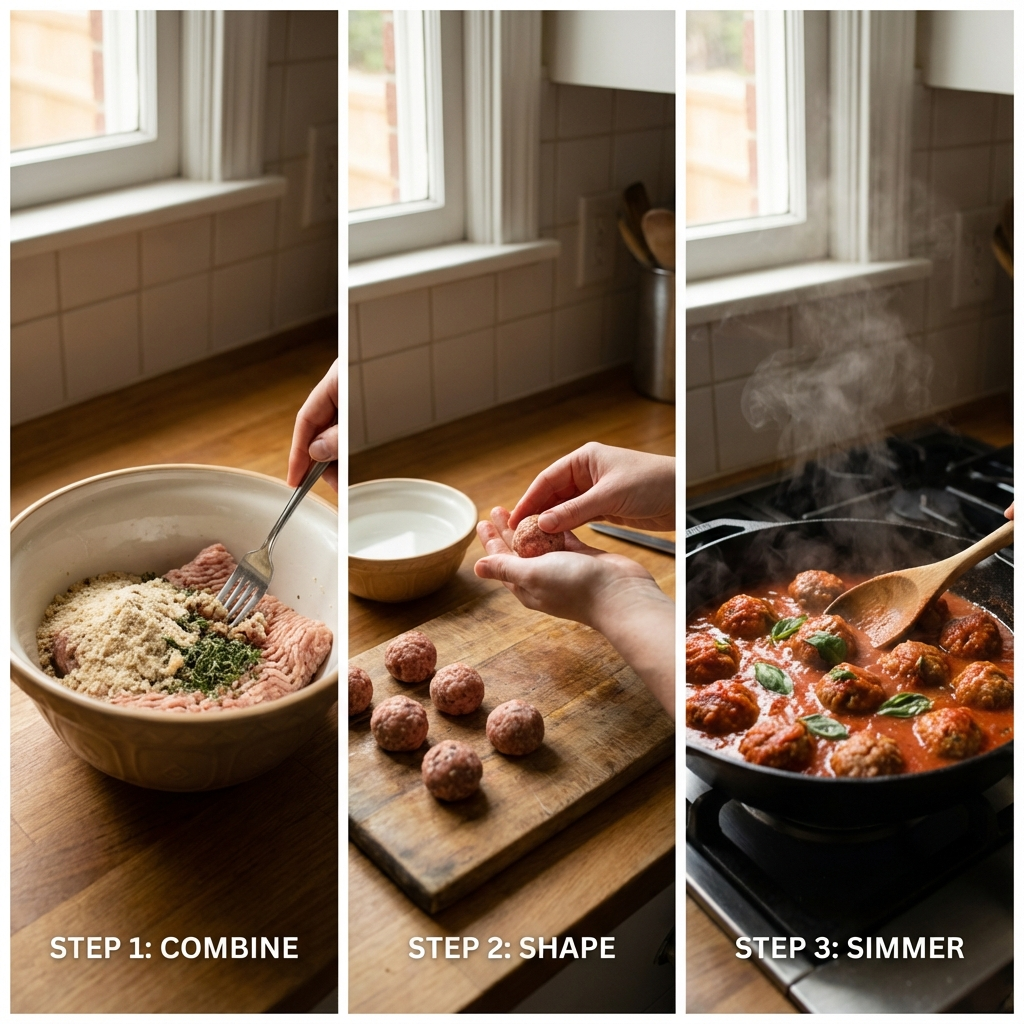 Cooking steps for turkey meatballs in a skillet