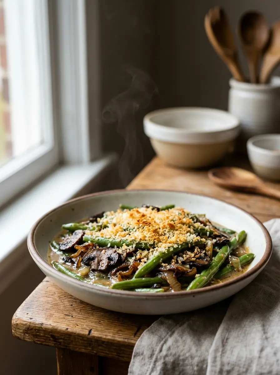 Stovetop green bean casserole with mushrooms in a skillet