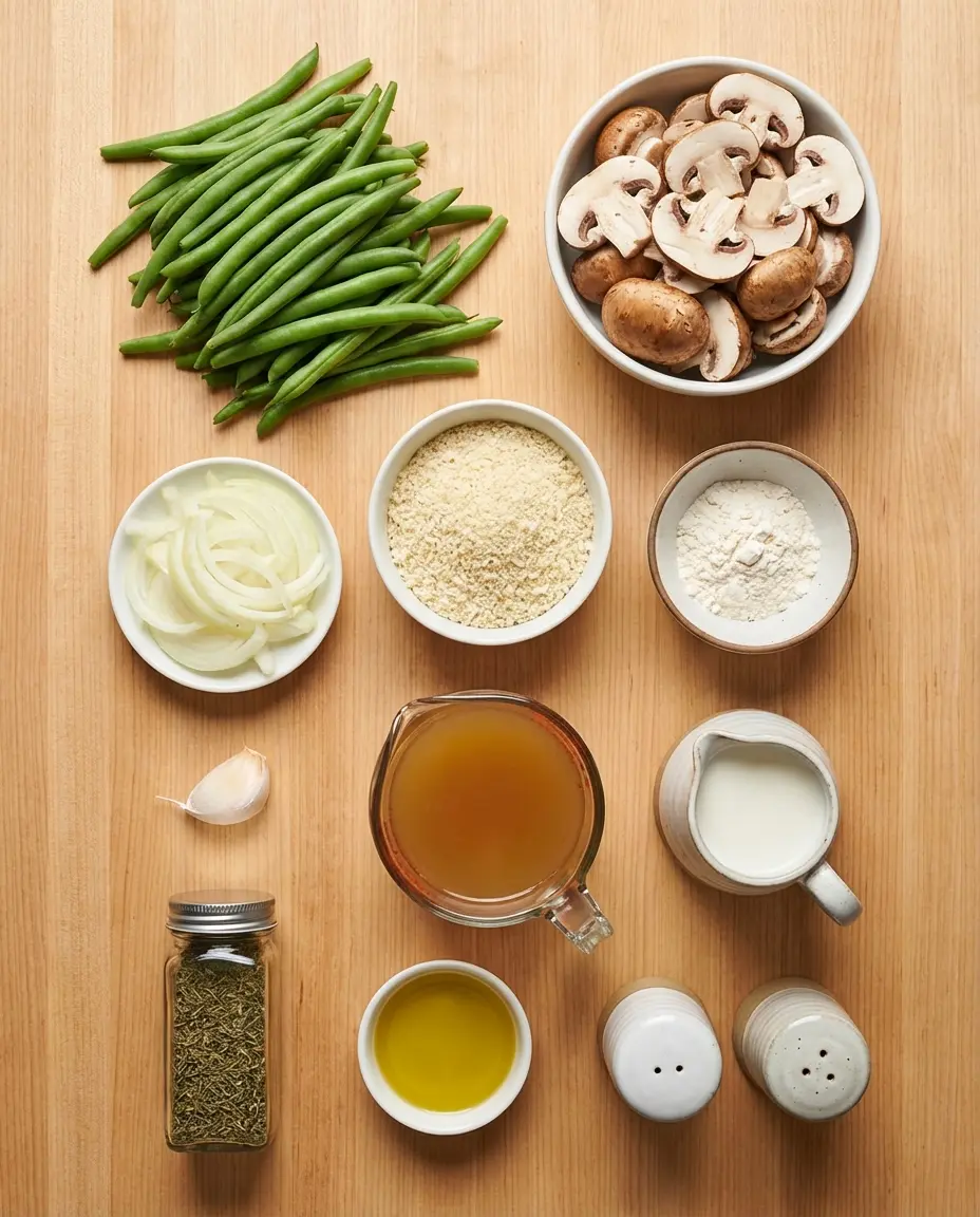 Ingredients laid out for stovetop green bean casserole