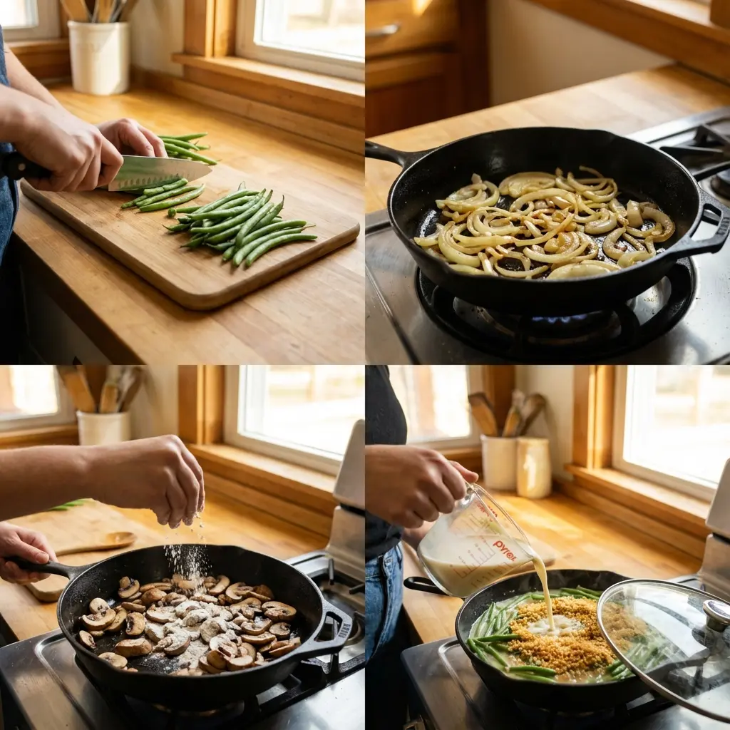 Steps showing cooking process for green bean casserole