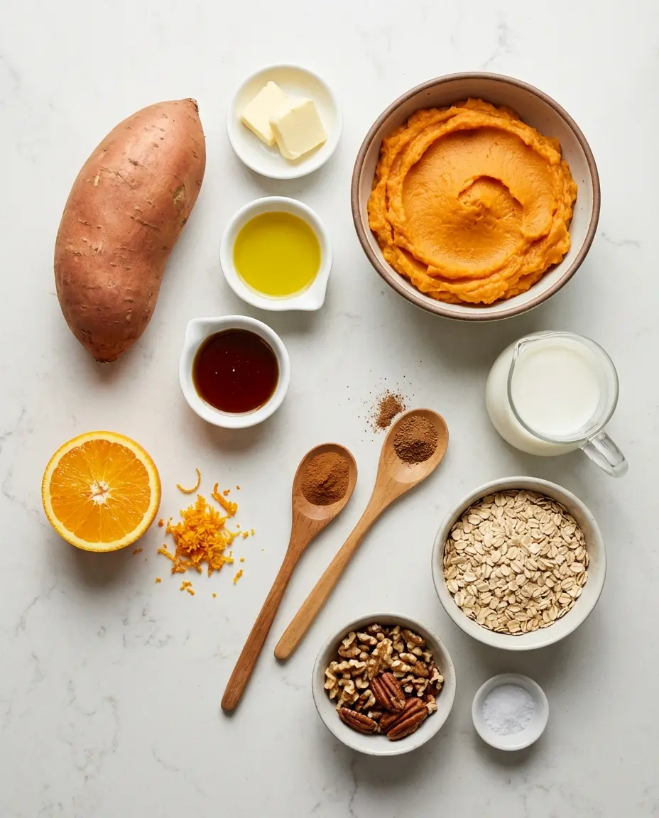 Ingredients for a small sweet potato casserole laid out: sweet potato, butter, spices, oats and nuts
