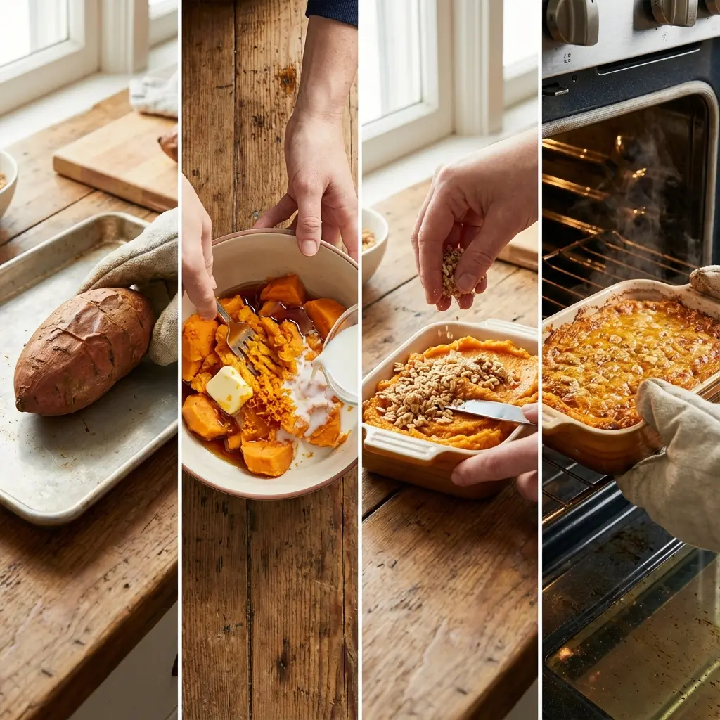 Steps for preparing sweet potato casserole shown with mashed potato and topping