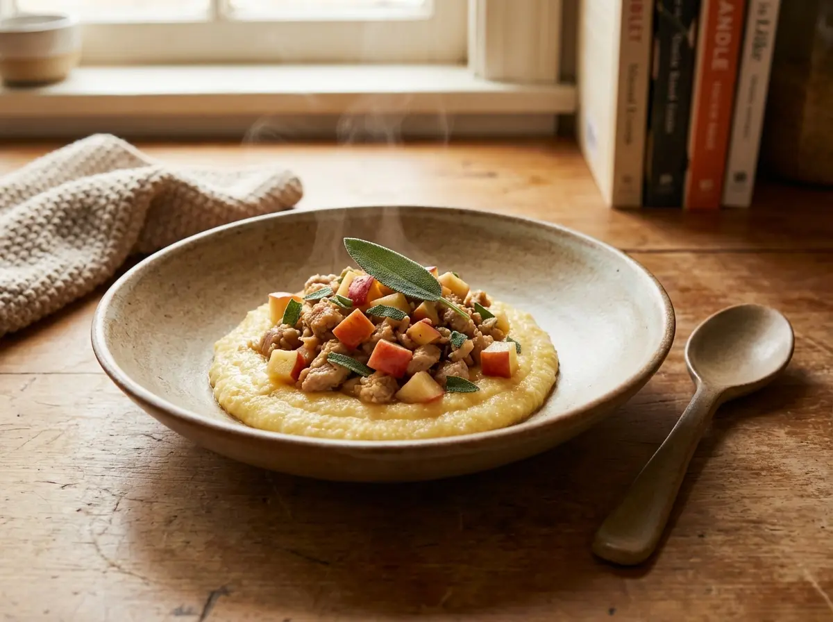 Turkey skillet with apples and sage in a skillet