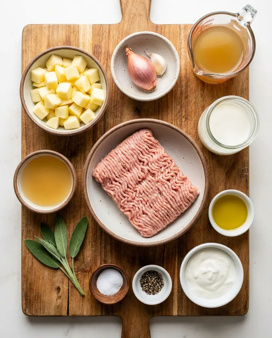 Ingredients laid out for turkey skillet: ground turkey, apple, shallot, broth