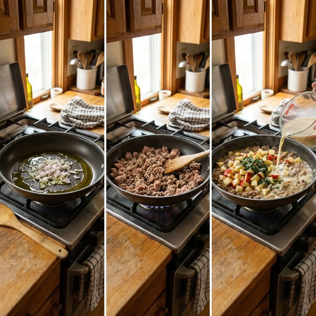 Cooking steps for turkey skillet in a pan