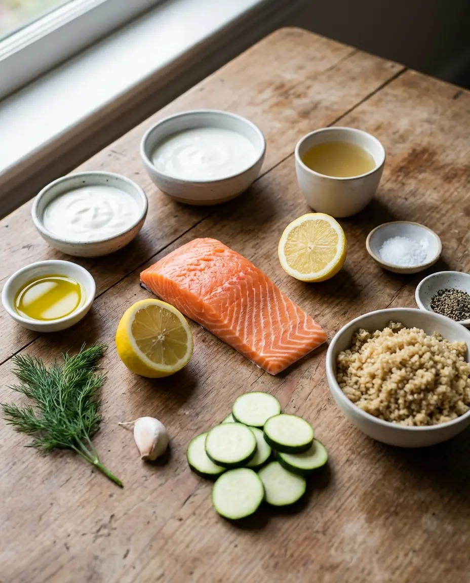 Ingredients for poached salmon on a countertop
