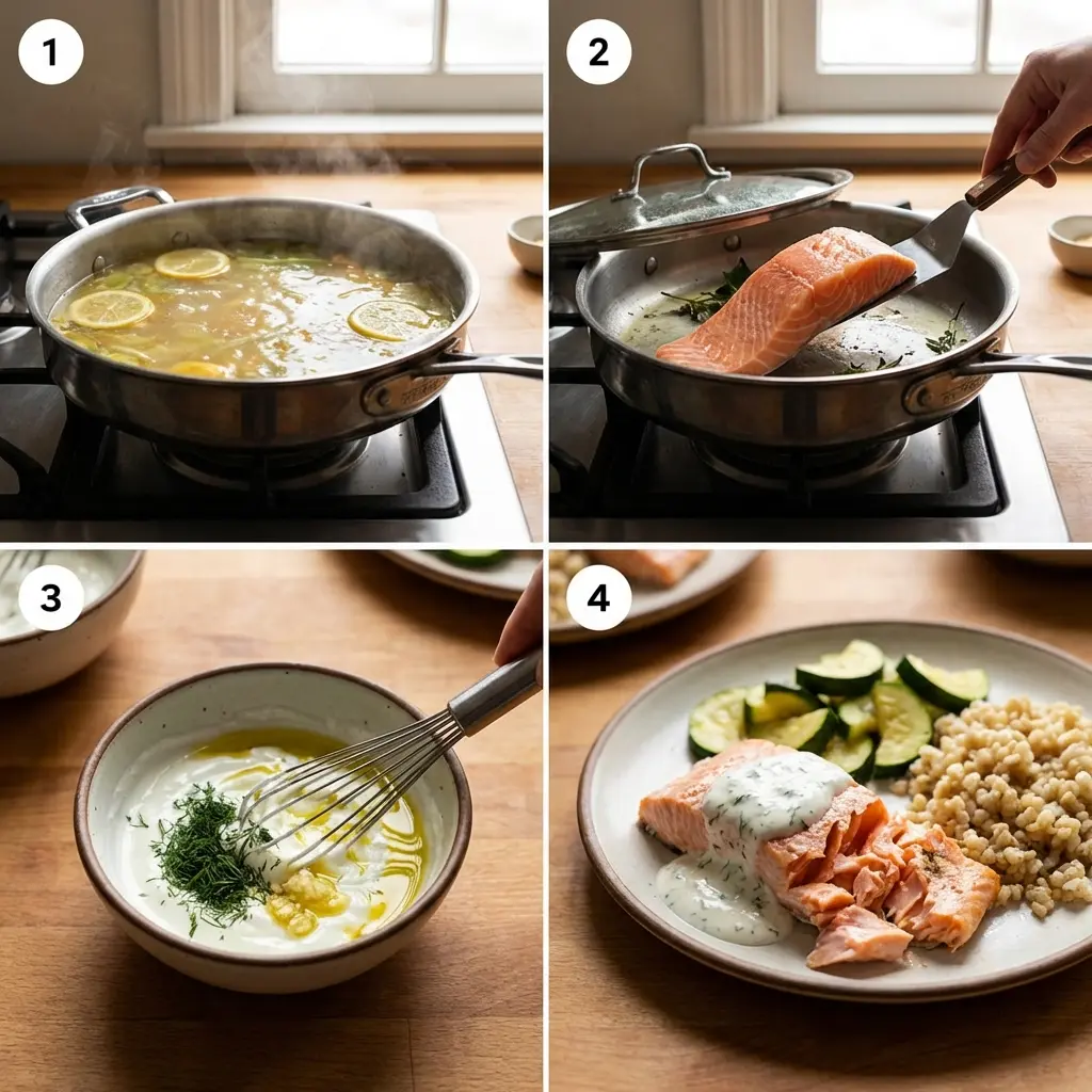 Cooking steps for poaching salmon in a skillet
