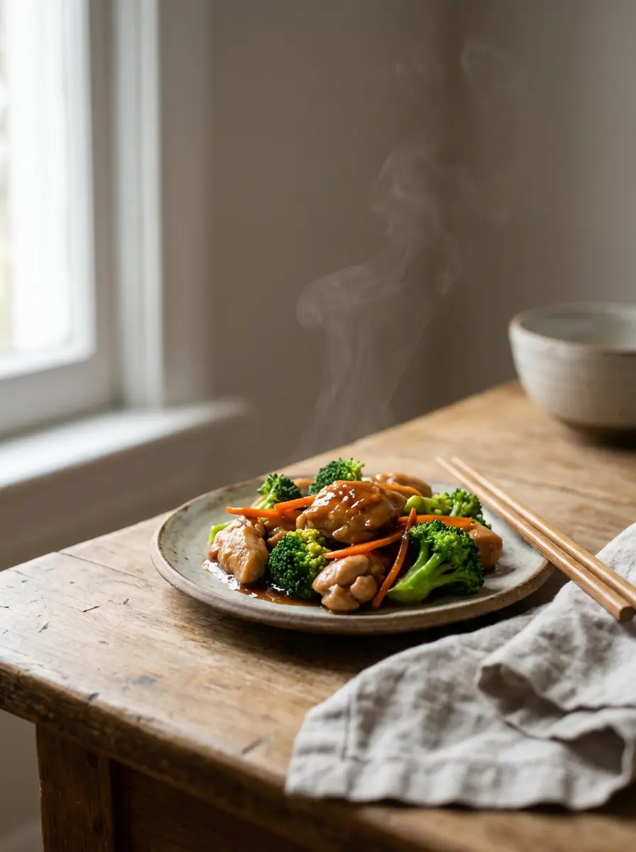 Ginger chicken stir-fry with broccoli and carrot in a pan