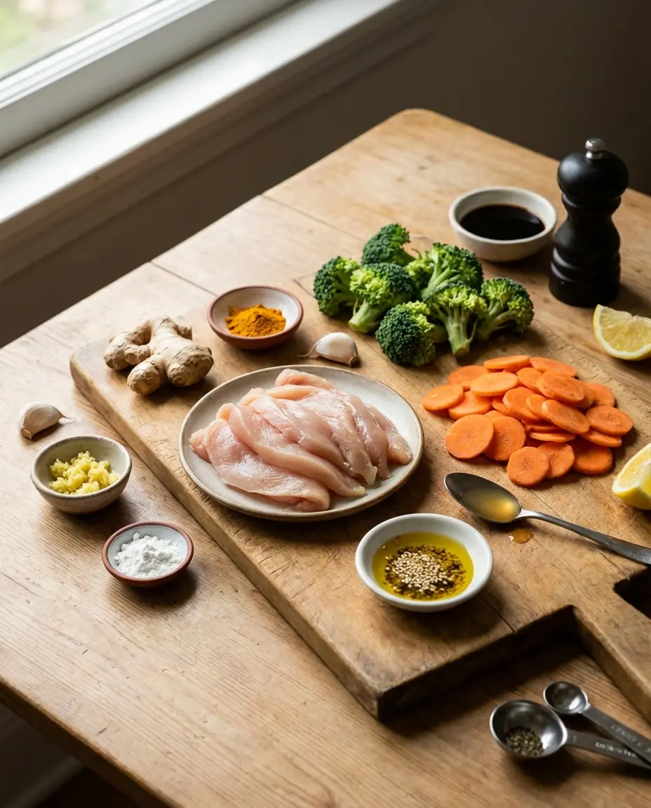 Ingredients for ginger chicken stir-fry laid out on a counter