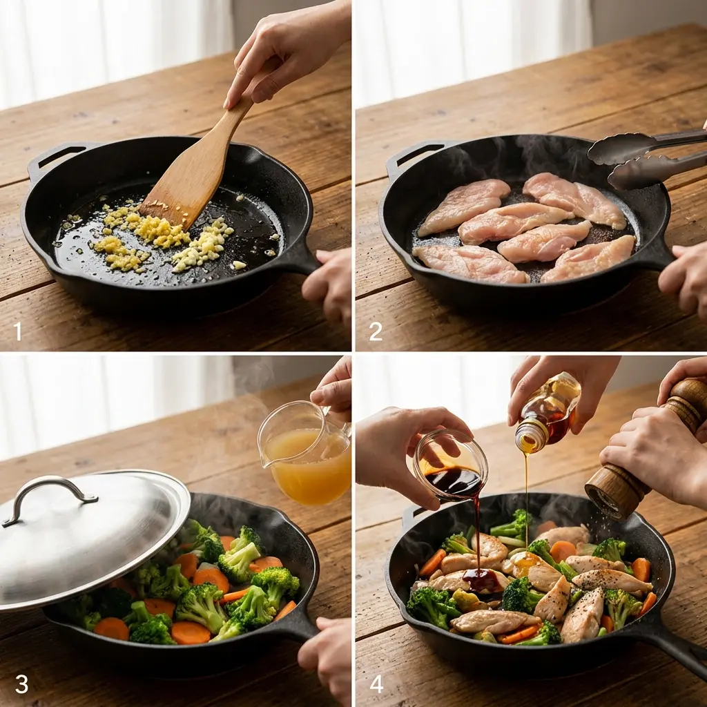 Cooking steps for ginger chicken stir-fry in a skillet