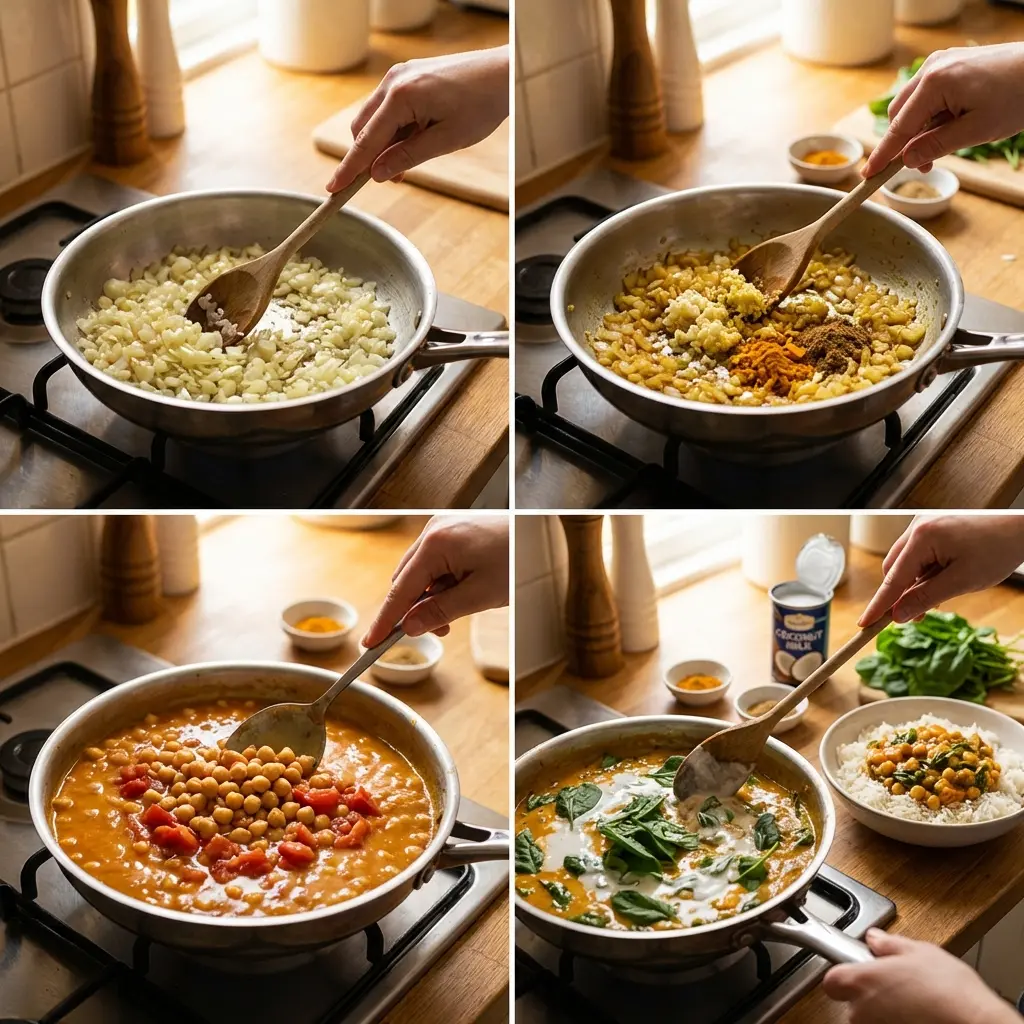 Cooking steps for turmeric chickpea curry
