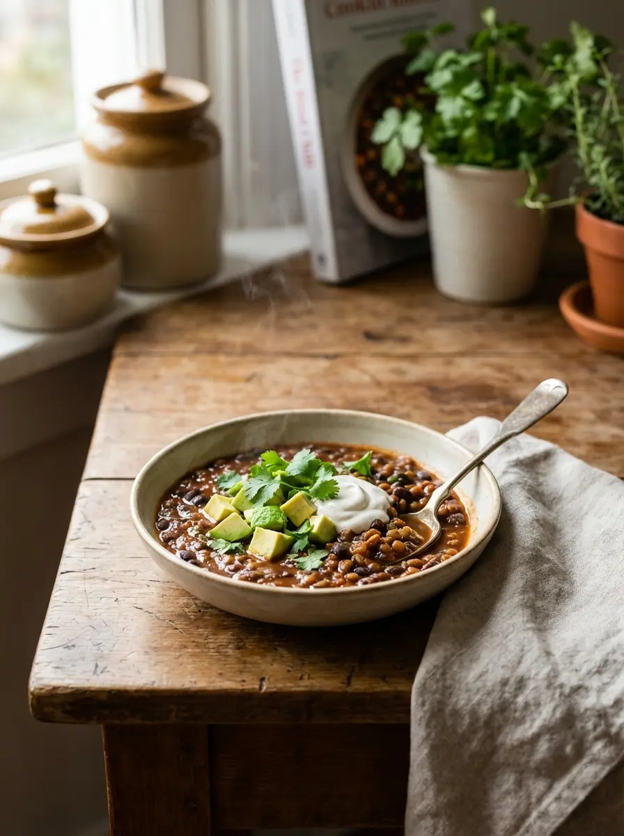 Bowl of black bean and lentil chili topped with cilantro and avocado