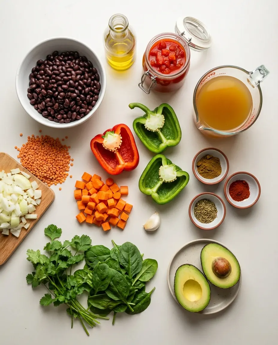 Ingredients for black bean and lentil chili laid out on a table