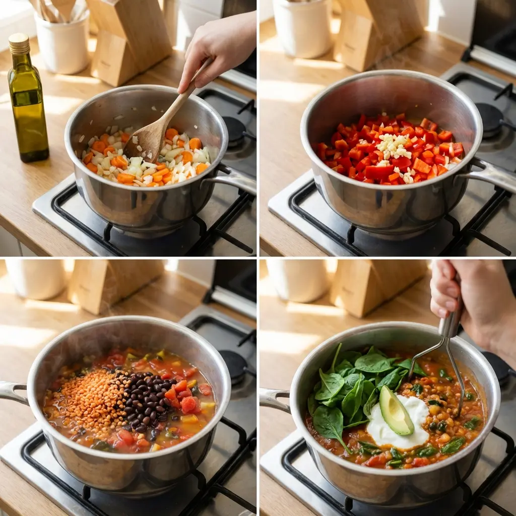 Pot simmering black bean chili on the stove