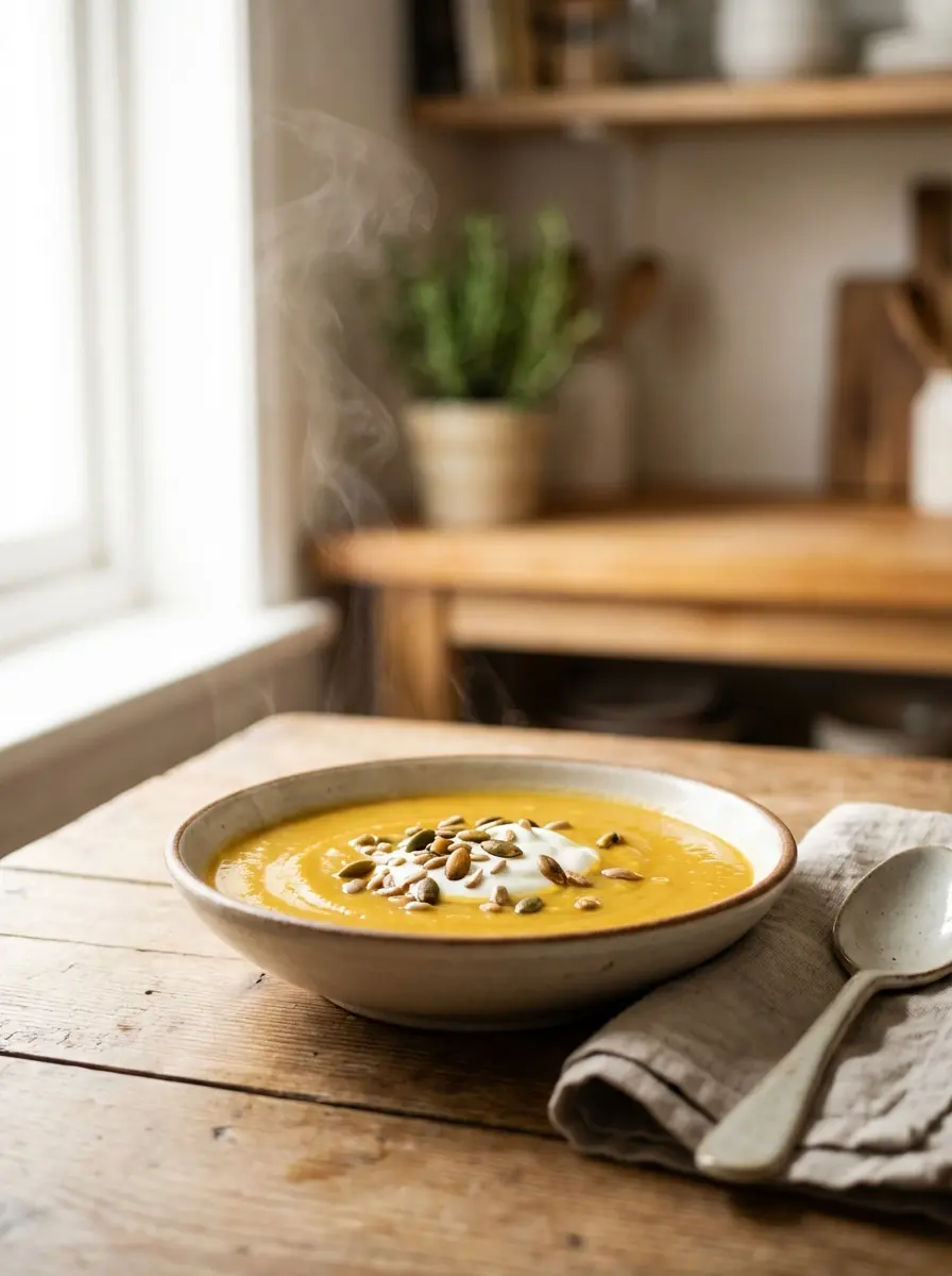Bowl of creamy vegetable soup garnished with seeds
