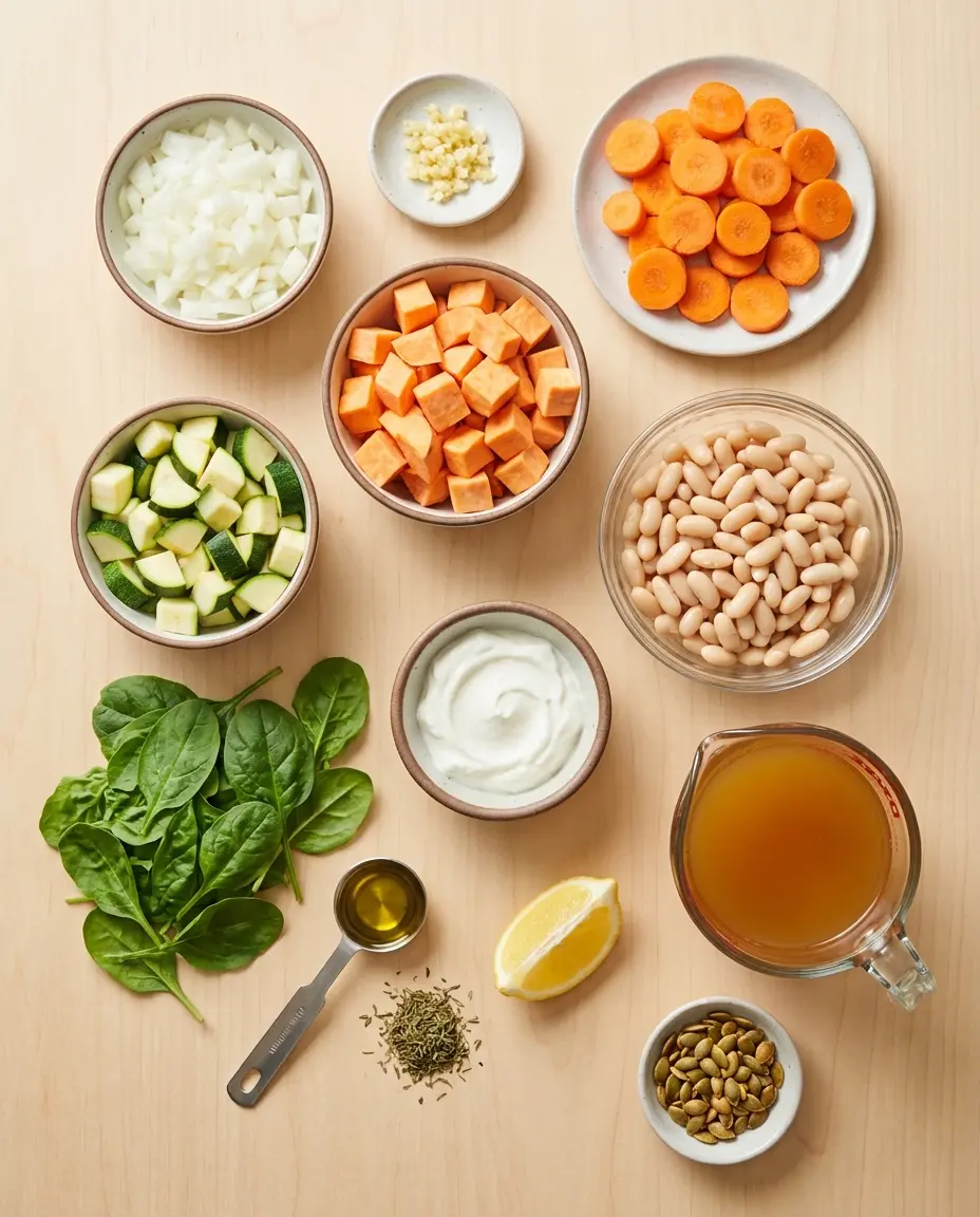 Ingredients laid out for creamy vegetable soup