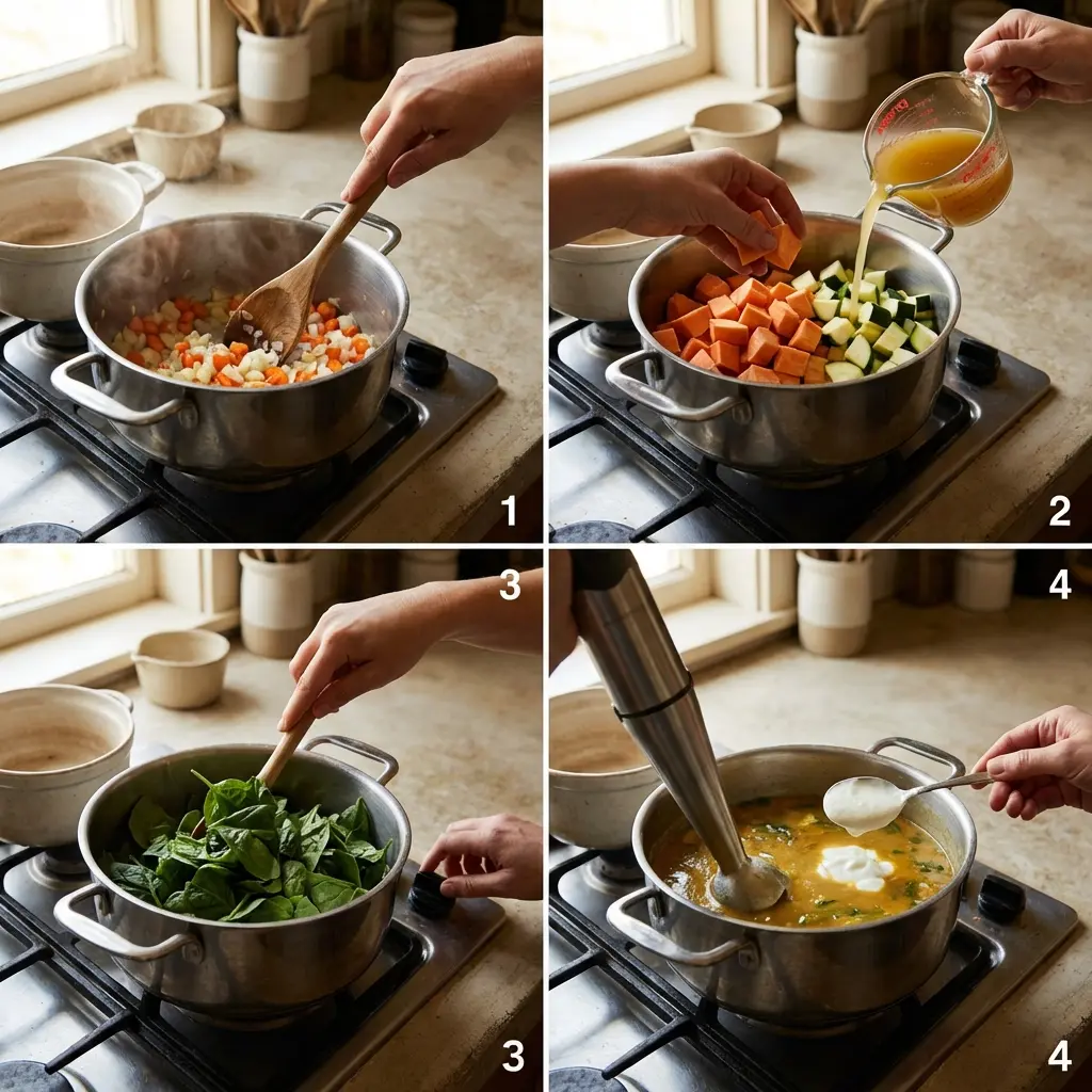 Cooking steps for creamy vegetable soup
