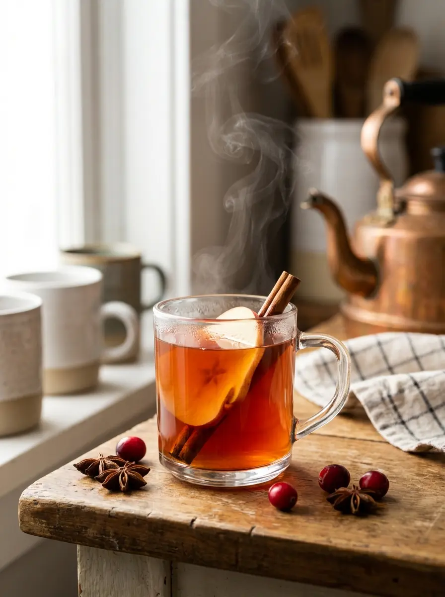 Mugs of spiced cranberry-apple cider and a teabag for a cozy holiday drink