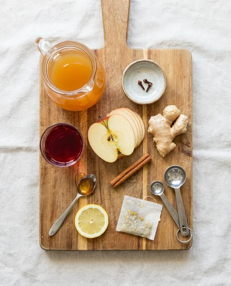 Ingredients laid out for spiced cranberry-apple cider including juices, apple, ginger and spices