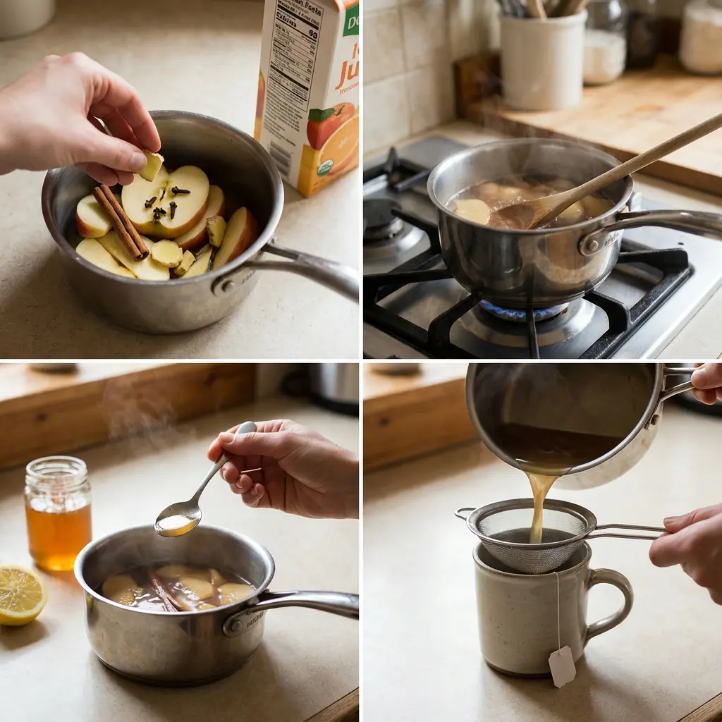 A small saucepan gently simmering spiced cider on the stove