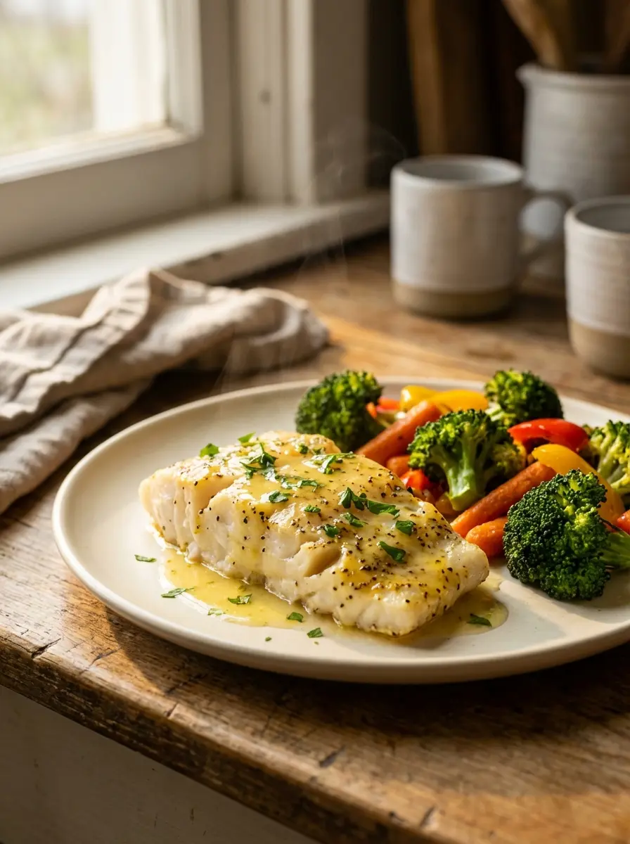 Lemon-pepper cod and soft vegetables ready to serve